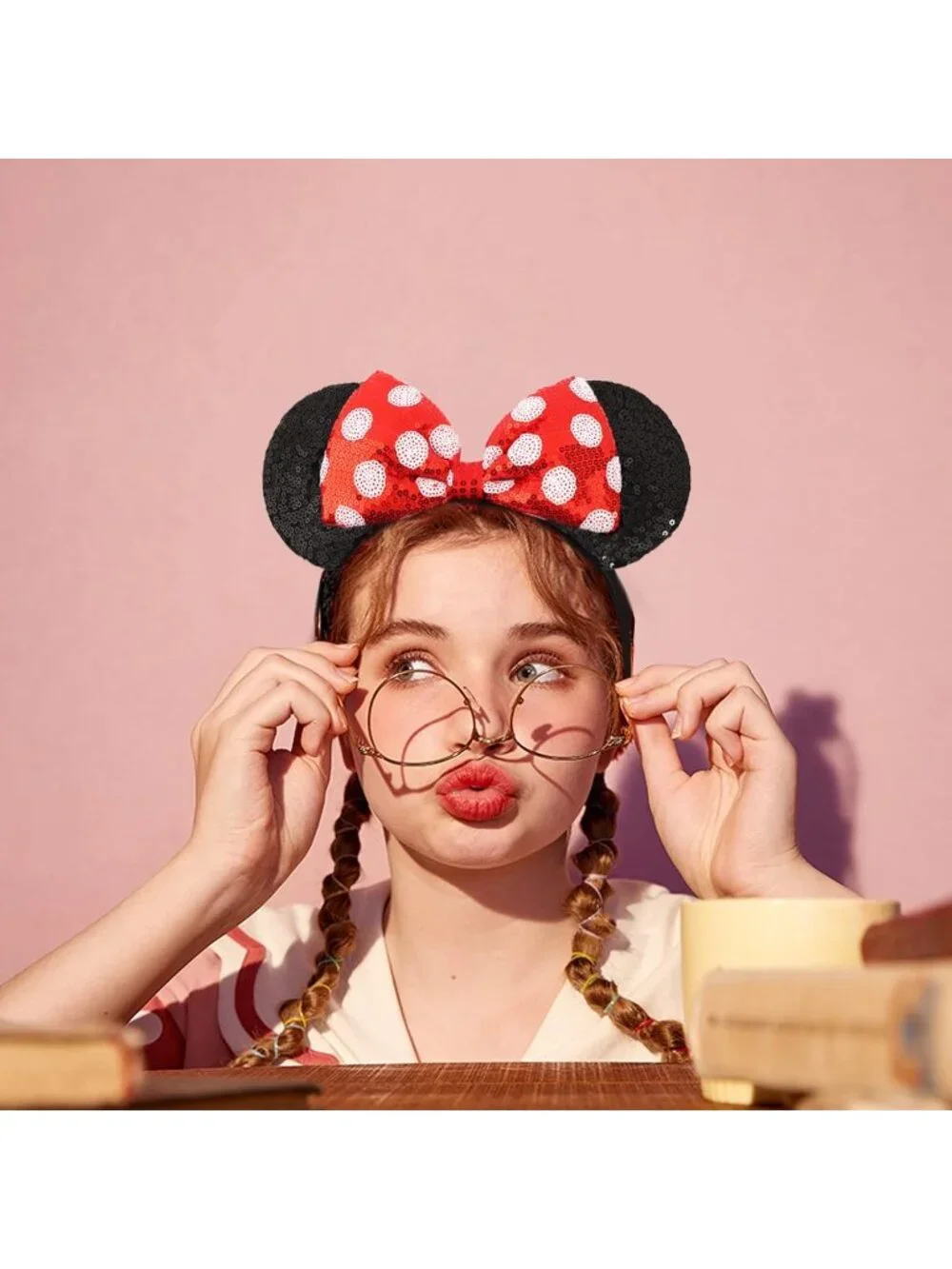 Women Black Red Sparkly Sequin Mickey Mouse Costume Headband For Cosplay 2PCS